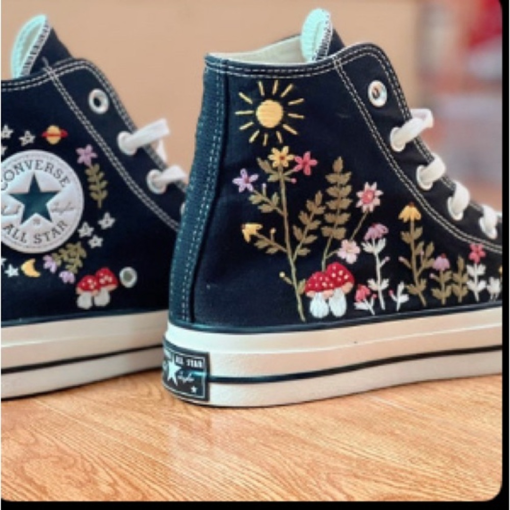 Custom Embroidered Converse Chuck Taylor 1970s  Black High-Top Sneakers. Size 39